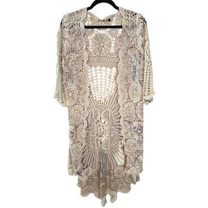 Origami Womens Crochet Knit Open Front Cardigan Cream Purple Cotton OLS-4514 S/M